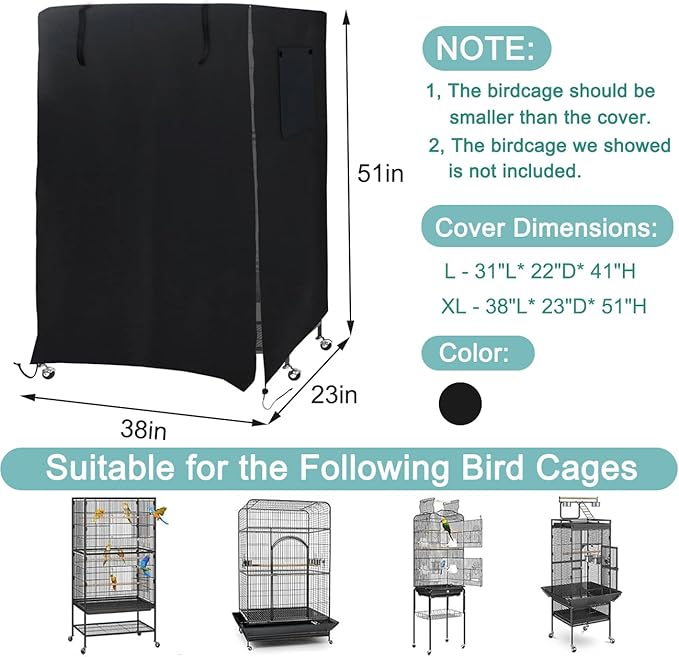 Universal Bird Cage Cover, Dark Colored Drape for Animal Crate, Waterproof & Washable Night Cover for Cages, Distraction and Light Eliminator for Mink, Totoro, Parakeets, Parrot (XL - 38”L×23”W×51”H)