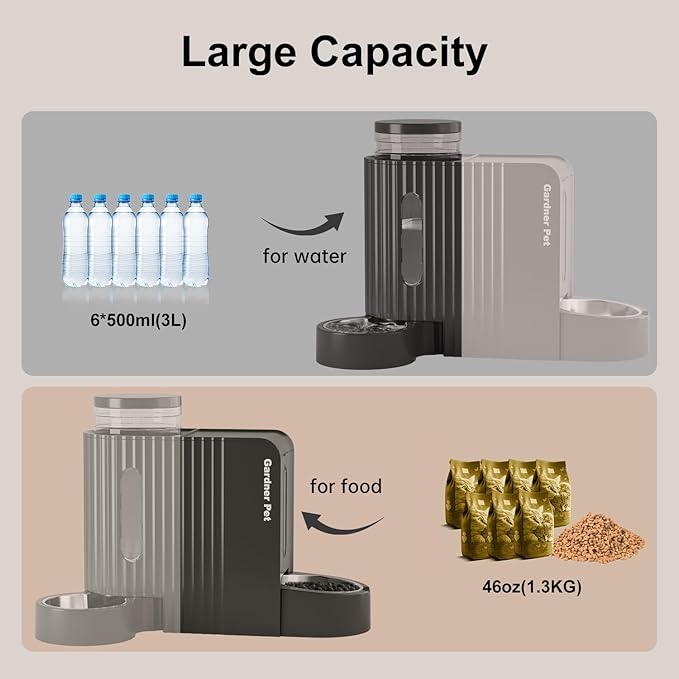 Gardner Pet Gravity Automatic 2-in-1 Pet Feeder, 0.8 Gallons*2 Cat Feeder and Water Dispenser Set, 100% BPA-Free and Stainless Steel Water Bowl for Dogs, Cats, Rabbits, Puppies (Black)