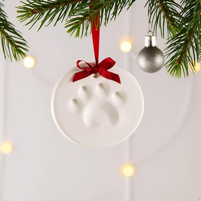 Pearhead Clay Pawprint Christmas Ornament, Pet Owner Holiday Gift, Dog or Cat Paw Print Keepsake, DIY Pawprint Hanging Ornament, Classic Red Ribbon