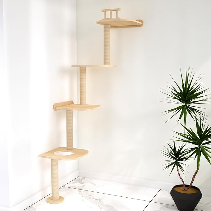 Wall-Mounted Tall Cat Tree Cat Scratching Post, Space Saving Floor to Ceiling Cat Tower, Natural Wood Cat Wall Shelves, Corner cat Jumping Platform cat Bed,Suitable for Large Cats
