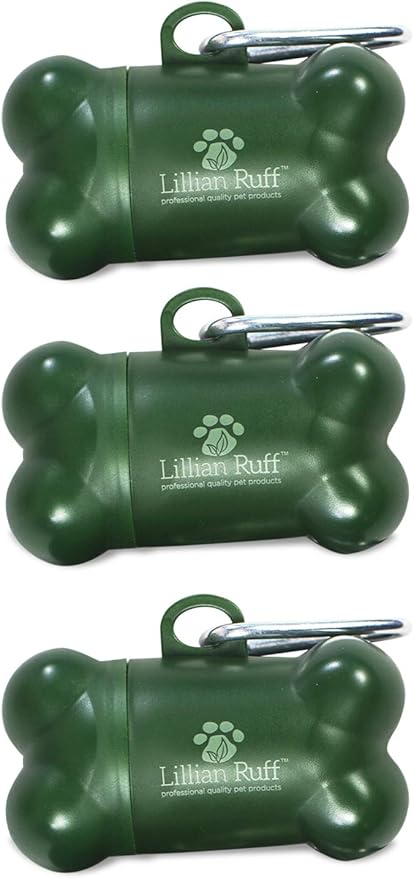Lillian Ruff Dog Waste Bag Dispenser with Leash Clip Disposable Bag Holder for Pet Waste - 15 Leak Proof Unscented Poop Bags Included-3 Pc Pack Green