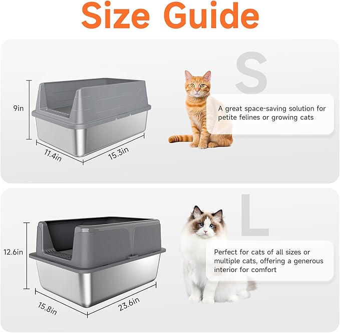 Stainless Steel Cat Litter Box, Odor Free Metal Litter Box with High Sides Lid, Open Top Low Entry Litter Pan Include Scoop Easy Cleaning Anti-Scratch Kitty Cat Box Anti-Urine Leakage, Non-Sticky