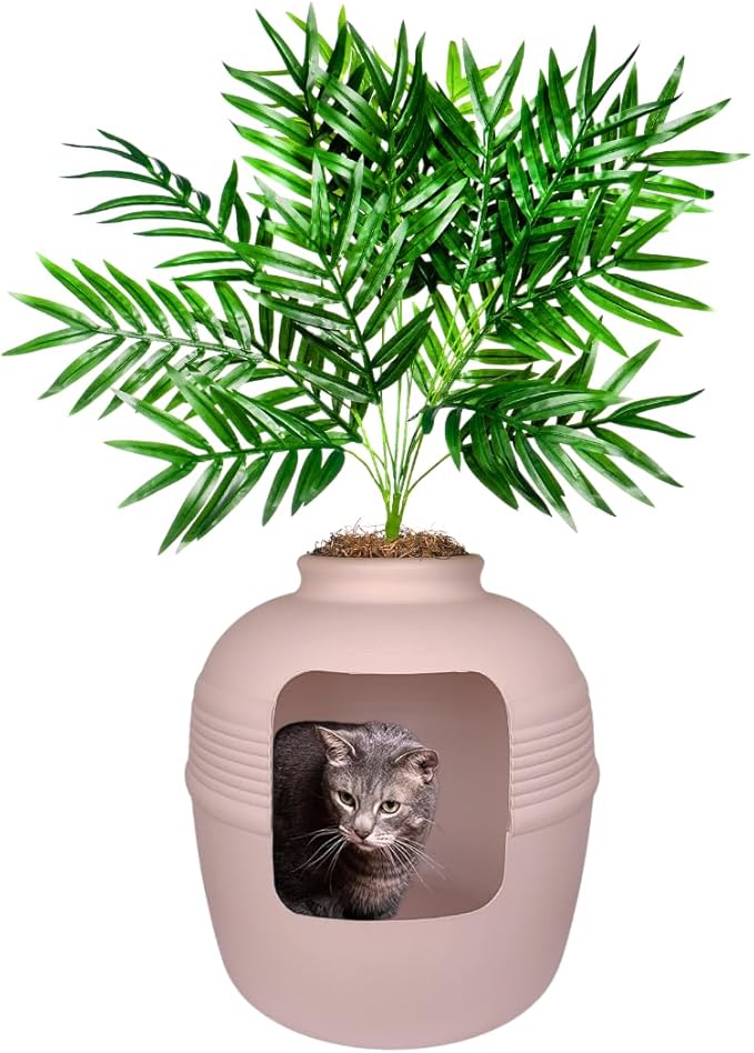 Good Pet Stuff Hidden Litter Box Planter, Decorative Cat Litter Enclosure with Carbon Filter, Artificial Plant, Easy Clean, Indoor Design, Original Round Style, Base Kit, Pink Coral