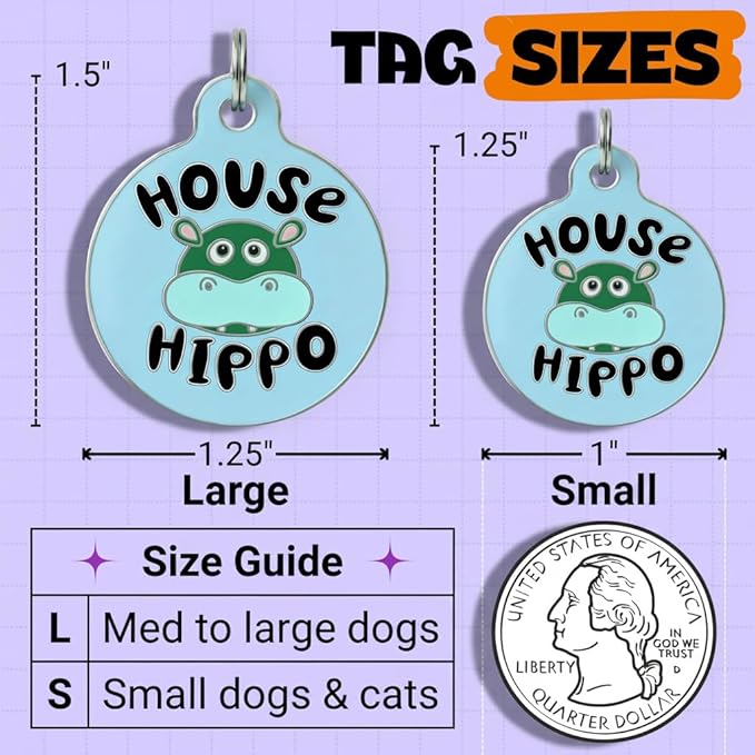 Bad Tags Personalized Dog and Cat ID Tags in 25+ Designs and 2 Sizes - 5 Lines of Custom Engraved Text - Funny Cute Personalized Pet Tags (House Hippo - Blue, Large (1.25 inch))