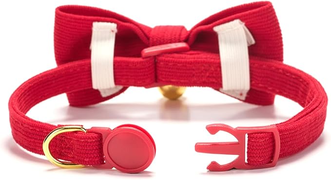 Soft Corduroy Cat Collar with Bell and Bowtie, Safety Breakaway Clasp, Adjustable for Kitten and Cats Red Color.
