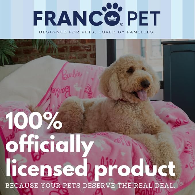Franco Pet Barbie XL Oversized Super Soft Cozy Waterproof Sherpa-Backed Blanket Throw for Large Dogs, Couch/Bed/Car, 60x80 (Officially Licensed Product)