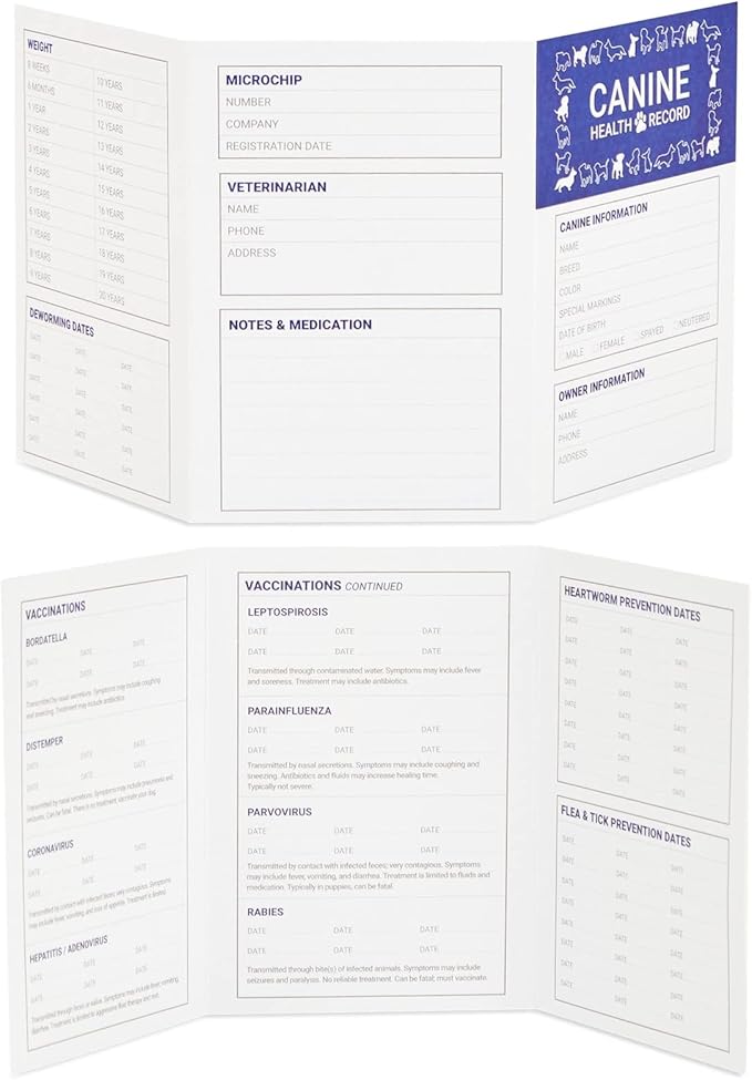 Juvale Puppy Record Card - Compact Portable Puppy Vaccination Record & Ink-Resistant Dog Vaccination Card - Dog Breeding Supplies - Pack of 24, 5 x 3.5 in Folded, White, Paper