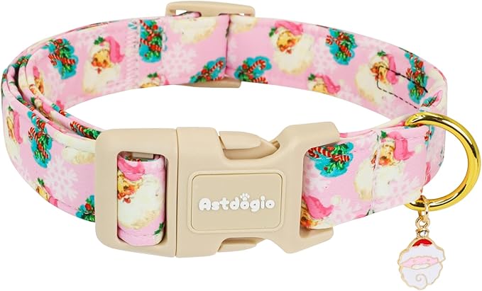 Christmas Dog Collar for Extra Small Dogs, Adjustable Poly-Cotton Fabric Collar with Santa Pattern, Cute Pink Dog Collar for Dogs, Small Dog Collars Girls Dog Collars