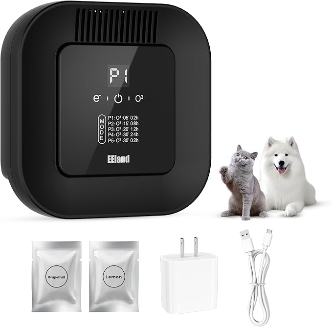 Cat Litter Deodorizer & Strong Odor Eliminator with Ozone & Aromatherapy - 5 Mode Air Purifier for Dog Poop, Cat Pee & Urine, Smoke - Plug in USB for Litter Box, Pet Home, Car, Kitchen, Bathroom