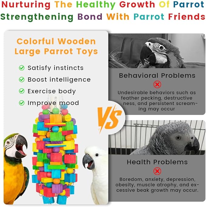 Extra Large Bird Toys for Macaws, Cockatoos - 21.6'' Heavy Duty Natural Parrot Toys for Chewing Foraging with SS Chain & Edible Colors for Medium to Large Parrots, African Grey, Cockatiel, Parakeet
