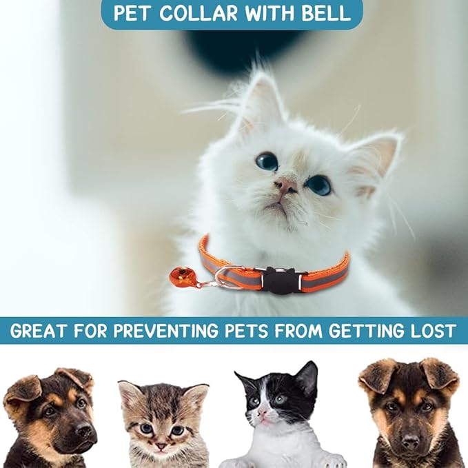 6-Pack Reflective Cat Collars with Bell – Breakaway Safety Nylon Kitten Collars, Adjustable Pet Collars with Charming Bells, Mixed Colors in one Package.