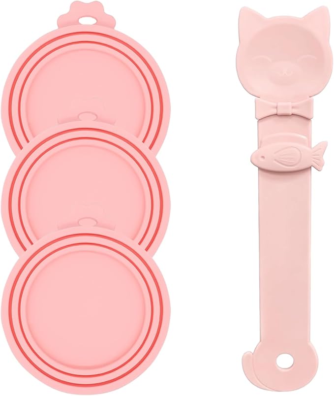 Cat Treat Spoon & 3 Pcs Can Lids | Cat Strip Feeder Squeeze for Liquid Snack | Universal Silicone Pet Can Covers BPA Free | Waste-Free Lickable Treat Feeder(Pink)