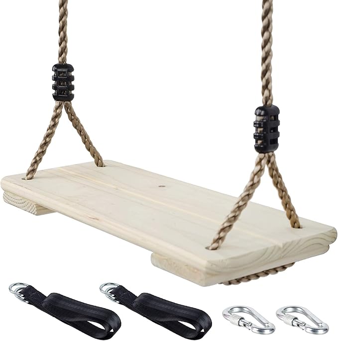 Wooden Swing Seat, Nostalgic Outdoor Wood Swing for Kids , Tree Straps Set Accessories for Backyard Patio Garden Playground, Height Adjustable (Raw wood)