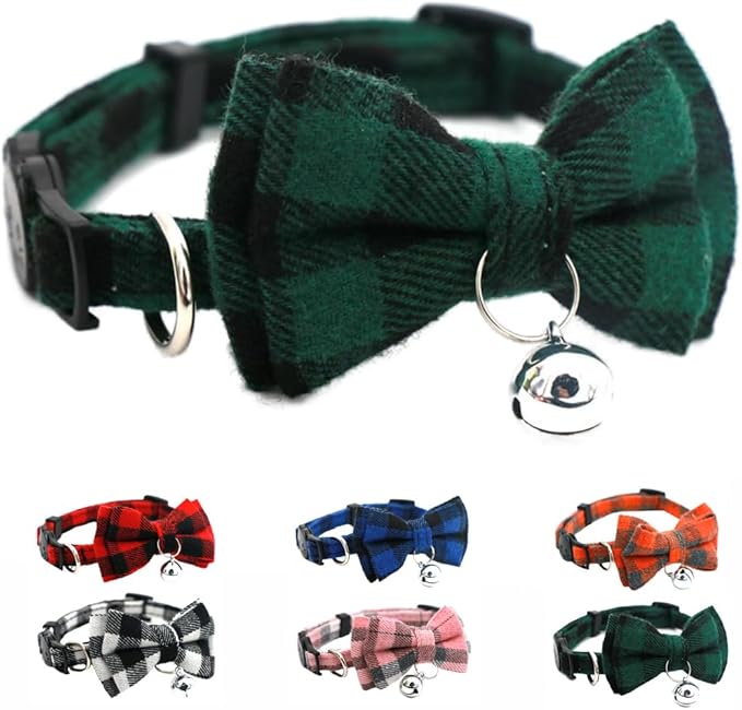 Green Plaid Bow Cat Collar with Bell, Breakaway Dog Bell Collar with Bowtie Christmas Puppy Collars for XXS Xs Small Tiny Little Pet Dogs Boy Girl Kitten, for Hoilday Birthday Party