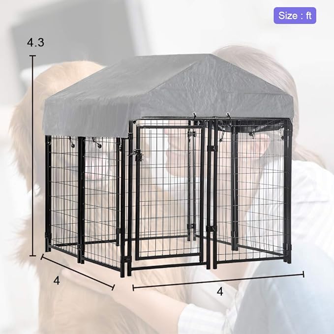 Welded Wire Dog Kennel Heavy Duty Playpen Included a Roof & Water-Resistant Cover 4'x4'x4.3'