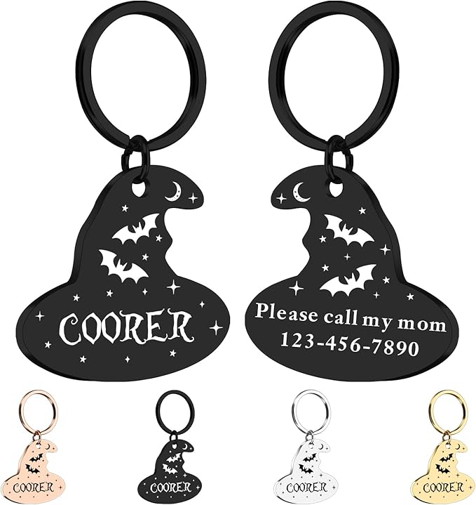 Personalized Pet Tags for Dog Cat, Custom Halloween ID Tags for Dogs, Dog Name Tags Engraved for Pets, Boo Basket Stuffers, Halloween Gifts for Dogs Lovers (Witch Hat)
