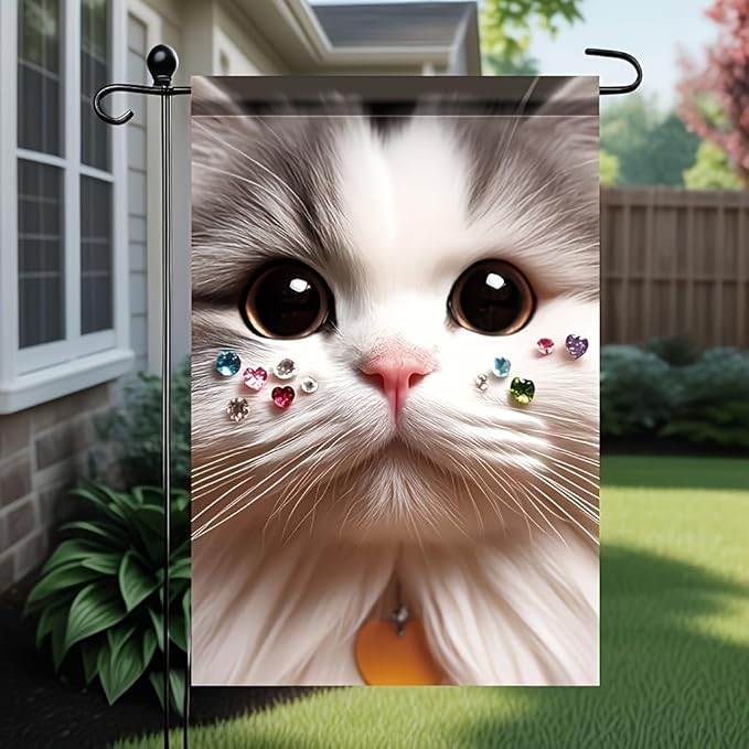 Cute Cat Garden Flag 12x18 Inch Double Sided Outdoor Yard Banner Adorable White Kitten with Gemstone Whiskers Sparkling Eyes Pet Lover Decor for Spring Summer Porch Lawn