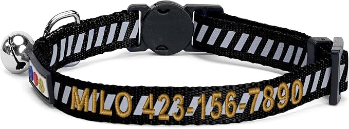 Pawtitas Personalized Black Reflective Cat Collar – Adjustable Custom Collar with Safety Buckle, Removable Bell, and Engraved Name & Phone Number for Kittens and Adult Cats
