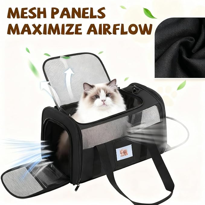 Soft Cat Carrier for Pets Up to 15 lbs, TSA Approved for Airline in-Cabin, Cat Travel Bag with Detachable Cat Food Bowl, Pet Carriers for Small Dogs, Waterproof Travel Puppy Carry, Black