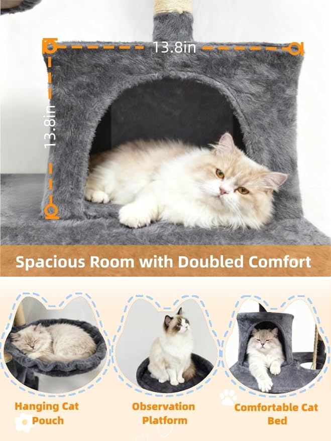 Cat Tree 60.63 inches Cat Tower for Indoor Cats, Multi-Level Cat Condo Furniture with Scratching Posts, Plush Perches, Activity Center with Cozy Basket & Hammock for Cats (Darkgray)