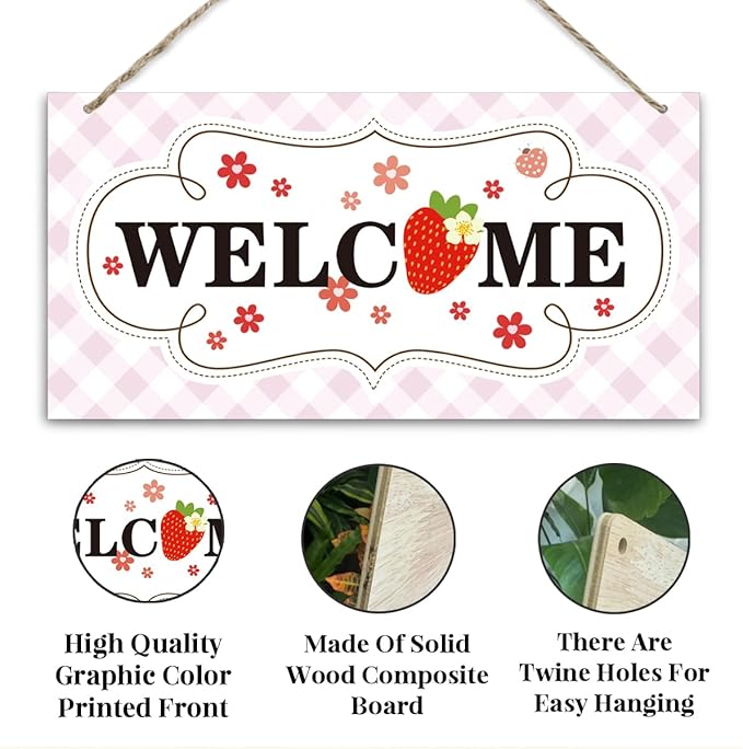 Welcome Sign for Front Door, Welcome Decor Wooden Hanging Sign for Girl Room Decor, Strawberry Pattern Wooden Hanging Signs, Cute Girl Style Front Door Decoration 13.8X6.9 inches
