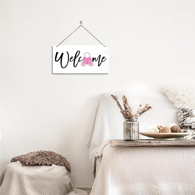 Welcome Sign for Front Door, Welcome Decor Wooden Hanging Sign for Wall Decor, Pink bunny' Pattern Wall Signs, Rustic Funny Wooden Outdoor Front Door Hanging Decoration 13.8X6.9 inches