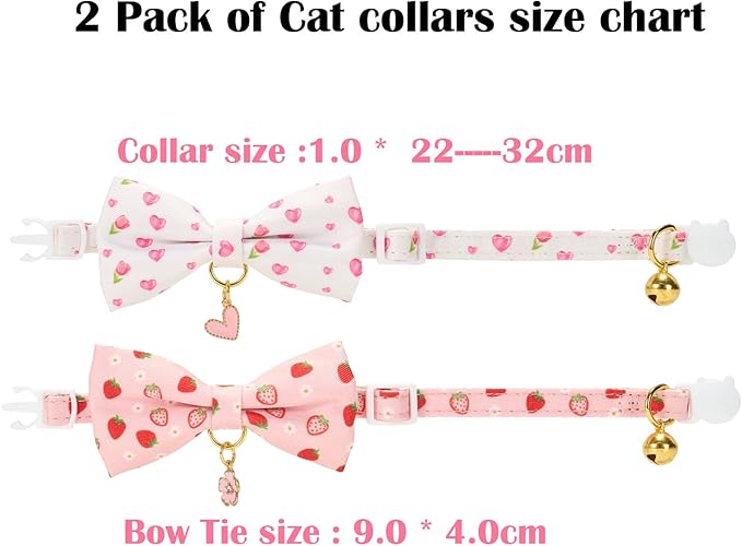 2 Pack Cat Collars, Removable Bowtie, Floral Pattern, Safety Breakaway Clasp, Adjustable for Cats.(Adult Cat, Pink Strawberry and White Heart)