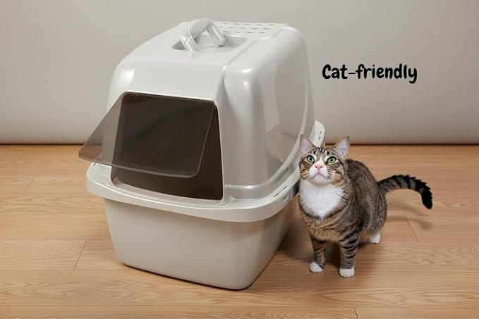 Large Enclosed Cat Litter Box with Vented Hood, Prevents Scatter and Odors, Cat & Rabbit Corner Covered Litter Box,19x14x15.5 Inches, Pearl White