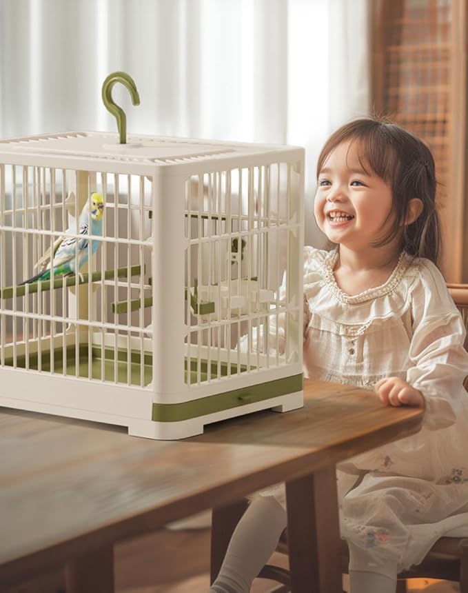 Travel Bird Cage Bird Travel Carrier Ornamental Birdcages Features Standing Pole Detachable Tray & Hook Handle for Parakeets (Gray)