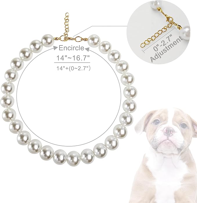 Chunky Pearl Dog Collar Large Breed (0.55 Inch), Adjustable Dog Necklace, Beaded Dog Collar Imitation White Pearls, Elegant Dog Jewelry Suit for Medium Large Dog 14"-16.7" Inner Circumference