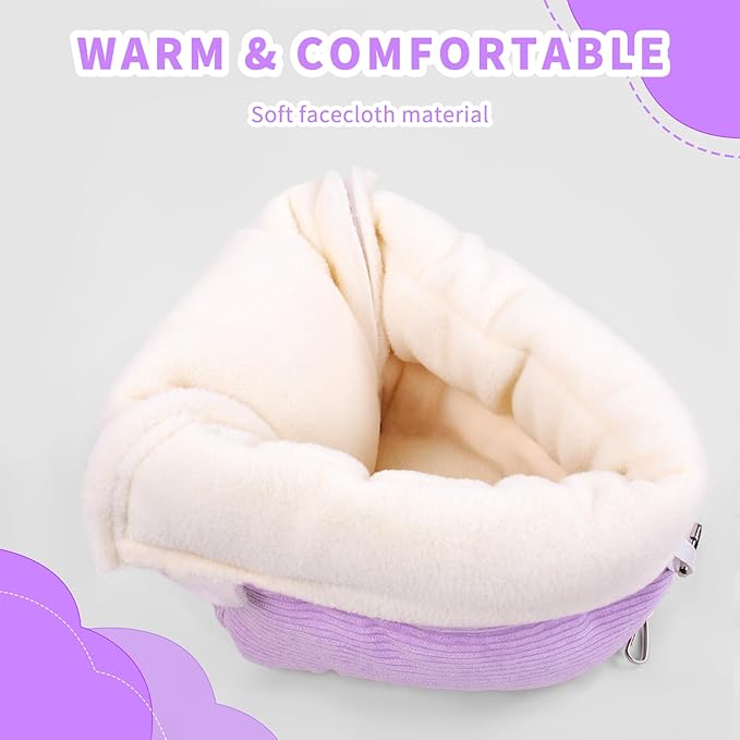 Winter Warm Bird Bed for Cage with Soft Plush Hanging Hammock & Hut Tent, Hideaway Sleeping Nest for Budgies, Cockatiels, Small Animals, and Guinea Pig Hideouts (Purple, S)