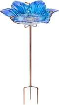 MUMTOP Bird Baths for Outdoors Glass Bird Bath Bowl Outdoor Bird Feeder Flower Pattern with Metal Stake for Garden, Yard and Lawn Decor(Blue)