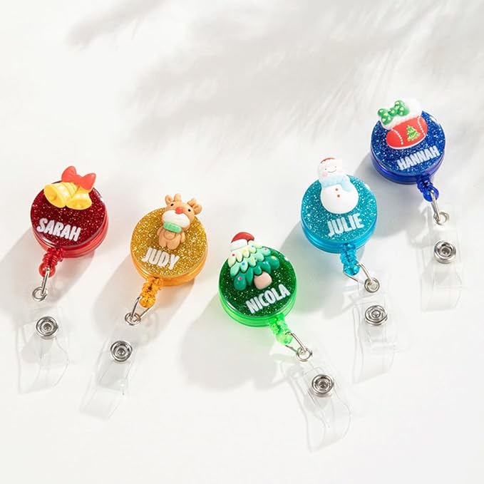 callie Personalized Christmas Badge Reel - Custom Name, Christmas Nurse ID Badge Holder Retractable with Alligator Clip, Cute Snowman Santa Elk Bell, Gifts for Nurse RN CNA Doctor