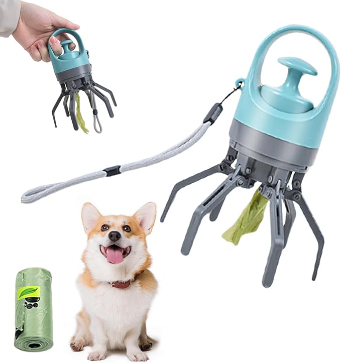 Quick Scoop Poop Scooper, Portable Dog Pooper Scooper, Easy Claw Pick up Tool for Dogs, Leak-Proof Waste Bag Holder for Outdoor Walks (Blue)