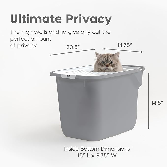 IRIS USA Cat Litter Box, Large Cat Box Enclosure, Top Entry with Litter Catching Lid, Enclosed, Gray/White