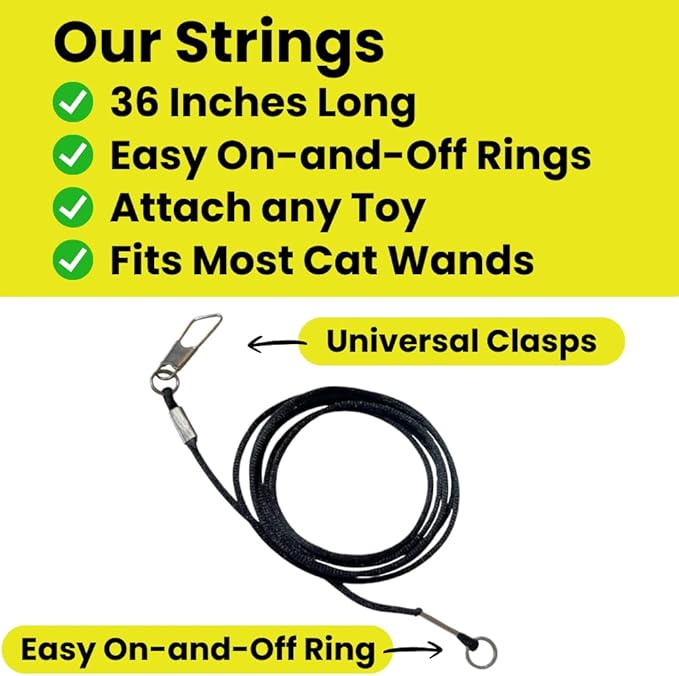 Replacement Strings for Cat Wands, 3 Pieces - Chew-Proof Metal Wire, Durable No Tangle Transparent Fishing Line and Paracord String - Heavy Chewers Refill Strings with Universal Clasps for All Toys