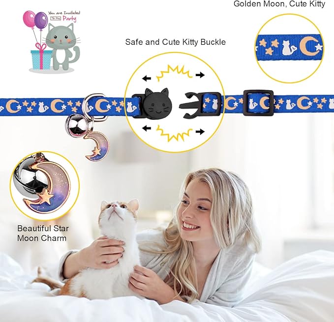 2PCS Breakaway Cat Collars with Bell Cute Kitty Glow in The Dark Adjustable Kitten Collars 7.9-13.0 Inch(Bule&Black)