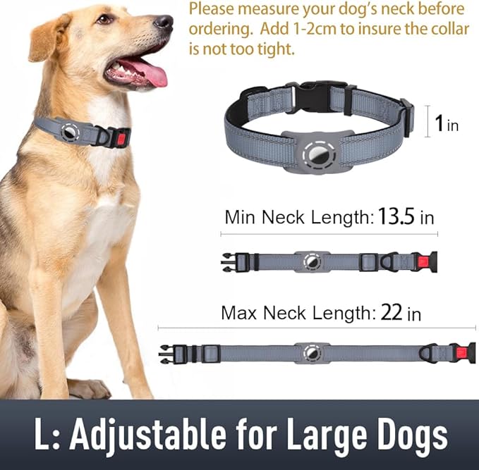 Airtag Dog Collar with AirTag Holder for Large Dogs, Reflective, Soft Padded & Safety Locking Buckle, Nylon Pet Collars Adjustable for All Breeds, Grey,L