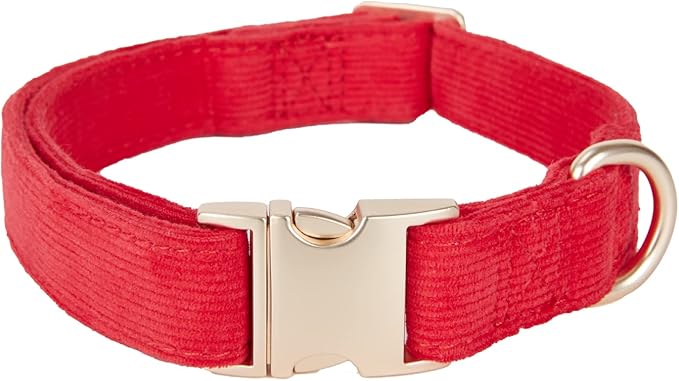 Soft Cotton Dog Collar with Metal Buckle Adjustable Heavy Duty Comfy Corduroy Collars for Small Medium Large Dogs,Red,Large