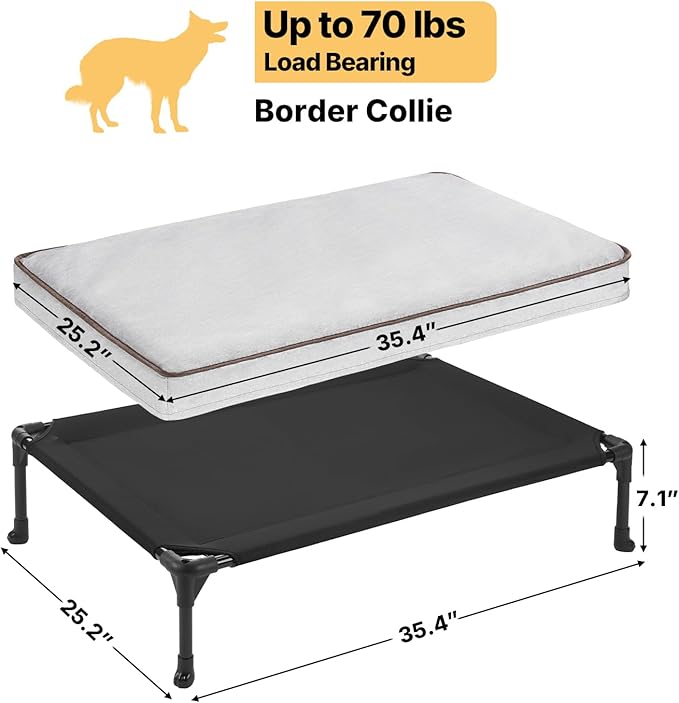 Veehoo Elevated Dog Bed with Waterproof Cushion Mat, Cooling Raised Dog Beds with Padded Top, Washable Outdoor Dog Bed, Orthopedic Pet Cot for Indoor & Outdoor, Medium Dog Bed 35.5" x 25", Dark Grey
