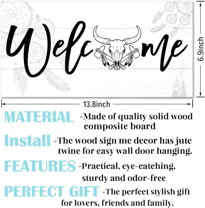 Welcome Sign for Front Door, Welcome Decor Wooden Hanging Sign, Unique Western and Bohemian style Wall Hanging Decor, Funny Wooden Outdoor Front Door Decoration 13.8X6.9 inches