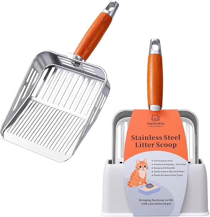Rustproof & Unbreakable 304 Stainless Steel Metal Cat Litter Scoop with Holder Stand, One-Piece Pressed Design with No Welds, Easy Bottom Scooping, Reinforced Anti-Break Handle