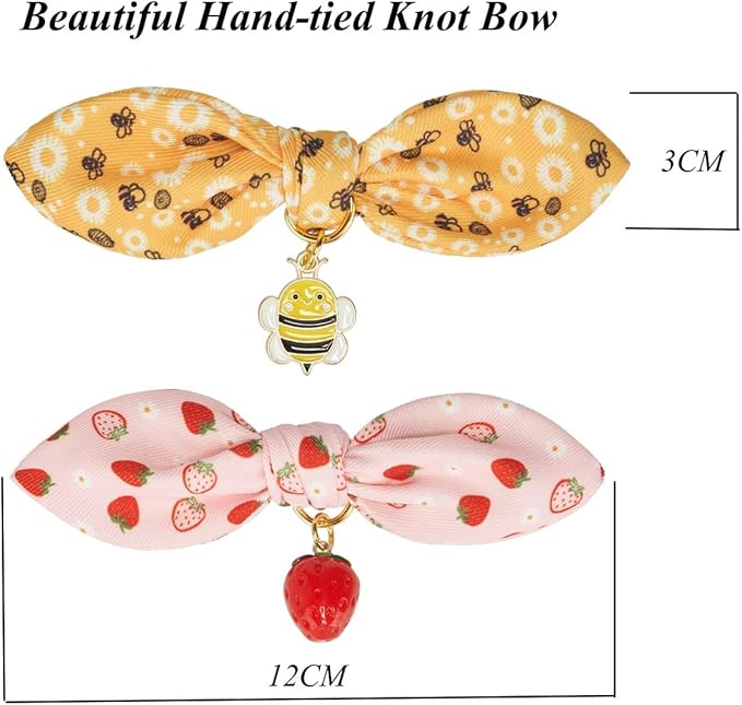2 Pack Cotton Cat Collar, Removable Bowtie, Floral Pattern, Safety Breakaway Clasp, Adjustable for Cats.(Adult Cat, Bee+Strawberry)