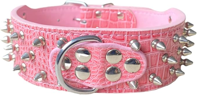 Serijoars Spiked Studded Dog Collar, PU Leather Dog Collar, Adjustable Pet Collars for Medium or Large Breed Pet (XL, Pink1)