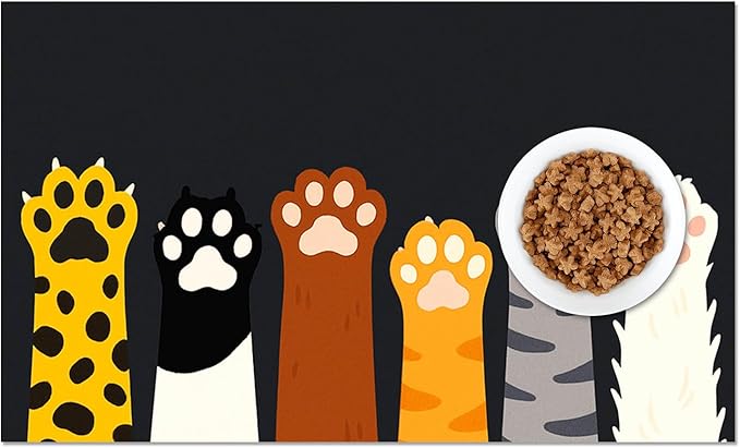 Cute Animal Paw Pet Food Mat Non Slip Spill Proof Feeding Pad for Cats Kittens Small Dogs Food and Water Bowl Mat Easy Clean Fast Dry Placemat for Pet Feeding Area Kitchen Decor 20" x 12"