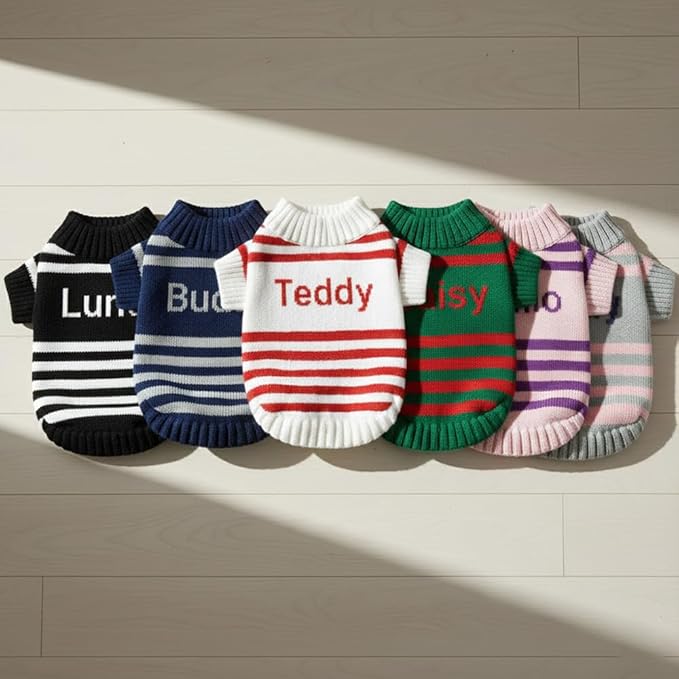 Custom Knit Sweater fr Dogs and Cats Personalized Knit Name Classic Striped Style Soft Knit Pet Clothing Winter Holiday Idea for Pet Lover