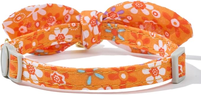 2 Pack Cotton Cat Collar, Removable Bowtie, Floral Pattern, Safety Breakaway Clasp, Adjustable for Cats.(Adult Cat, Orange Plaid and Floral)