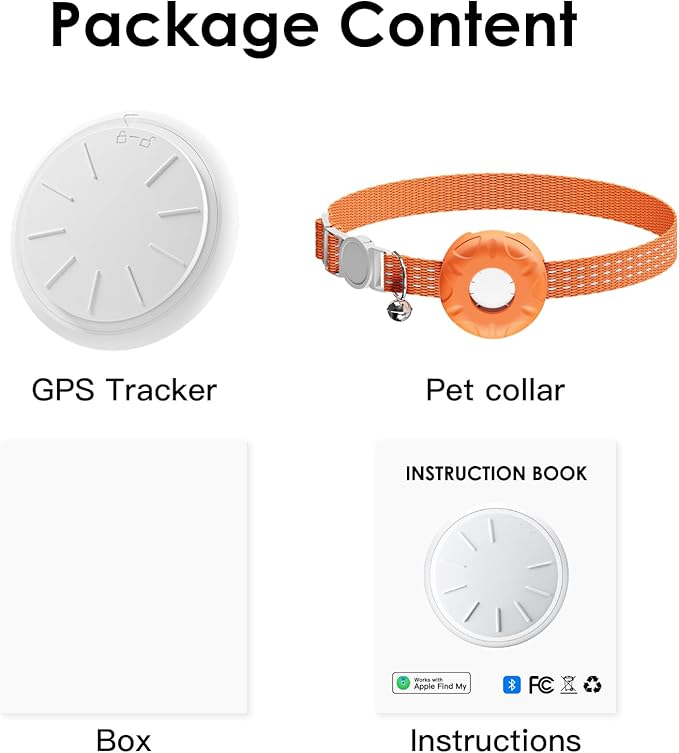 Cat Tracker, GPS Tracker for Cats, No Monthly Fee Pet Tracker for Cats Compatible with Apple Find My App (Only iOS), Real-Time Tracking, Smart Alerts, Up to 1-Year Battery, Waterproof