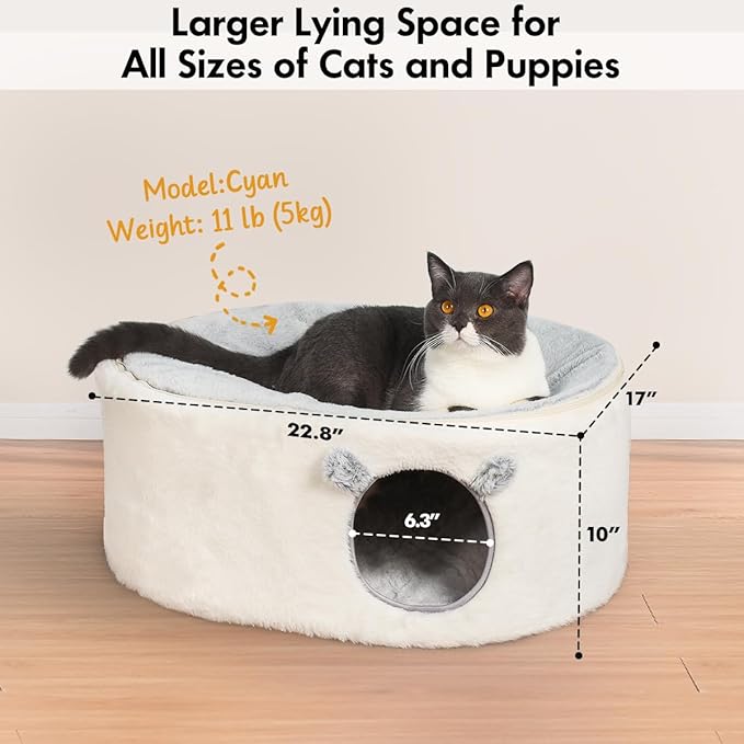 Cat Bed for Indoor Cats, Fluffy Large Enclosed Cat House Cave Pet Bed Hammock with Removable Washable Cover for Sleeping Cats, Kittens, Small Dog, Oval Hideaway