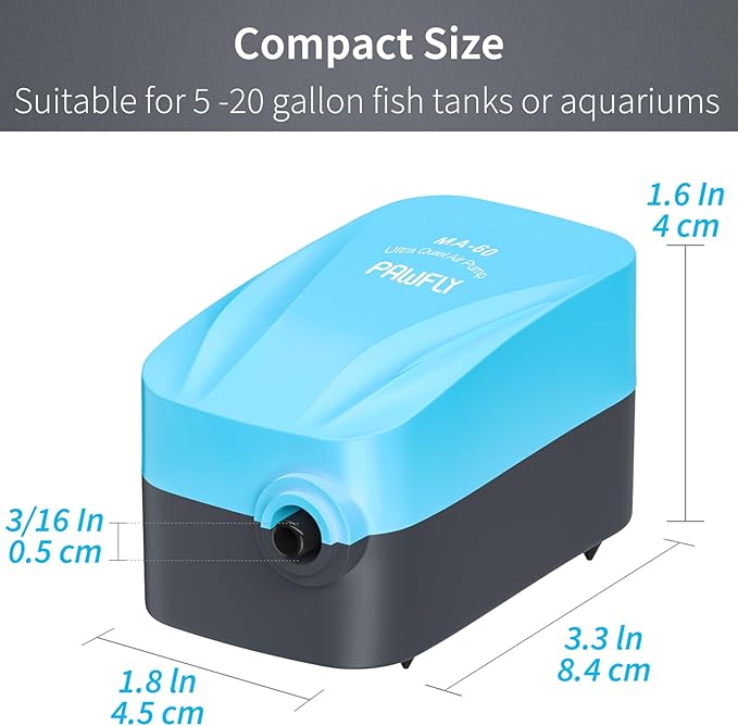 Pawfly Aquarium 15-40 GPH Compact Air Pump Quiet Oxygen Aerator Pump with Air Stone/Nano Bio Sponge Filter Airline Tubing and Check Valve Accessories for 3-20 Gallon Buckets and Fish Tanks